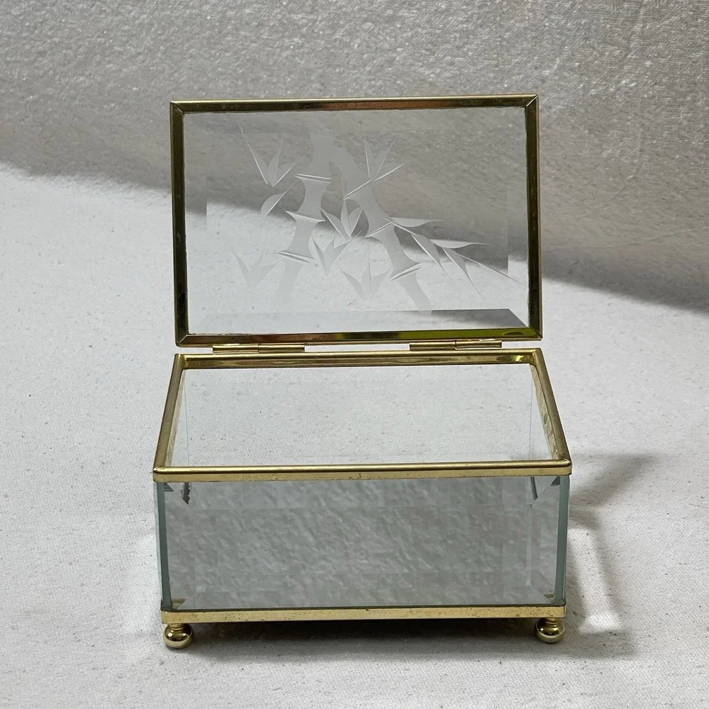 Vintage Glass Brass Mirrored Jewelry Trinket Vanity Display Box Etched‎ Bamboo